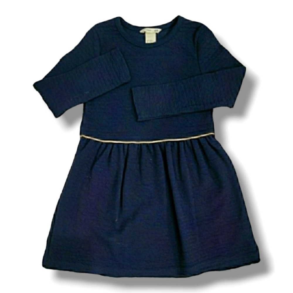 H&M Navy Long Sleeve Dress W/Gold Waist Trim - Size 5/6T